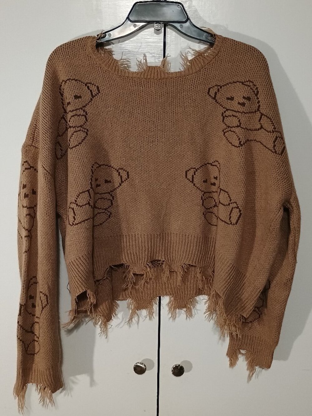 Just Polly New York Teddy Bear Distressed Knit Sweater Tan Brown Frayed Hem Size - Picture 3 of 6